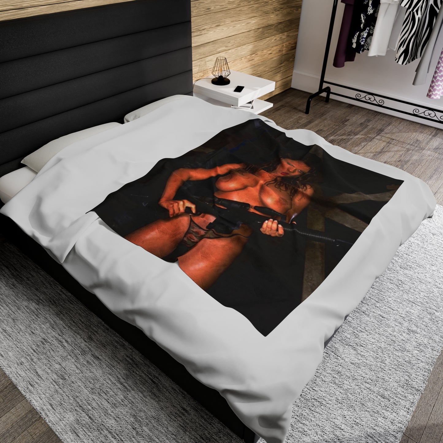 Velveteen Plush Blanket Busty Nude Girl with Gun