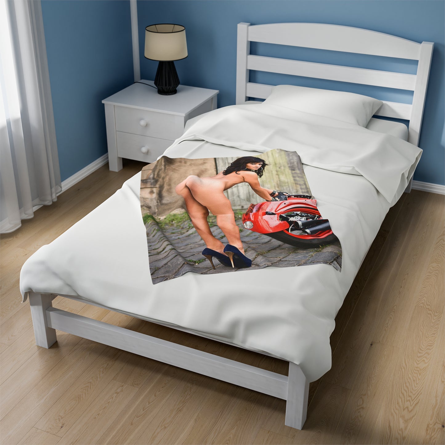 Velveteen Plush Blanket Tess Lyndon Nude on Motorcycle