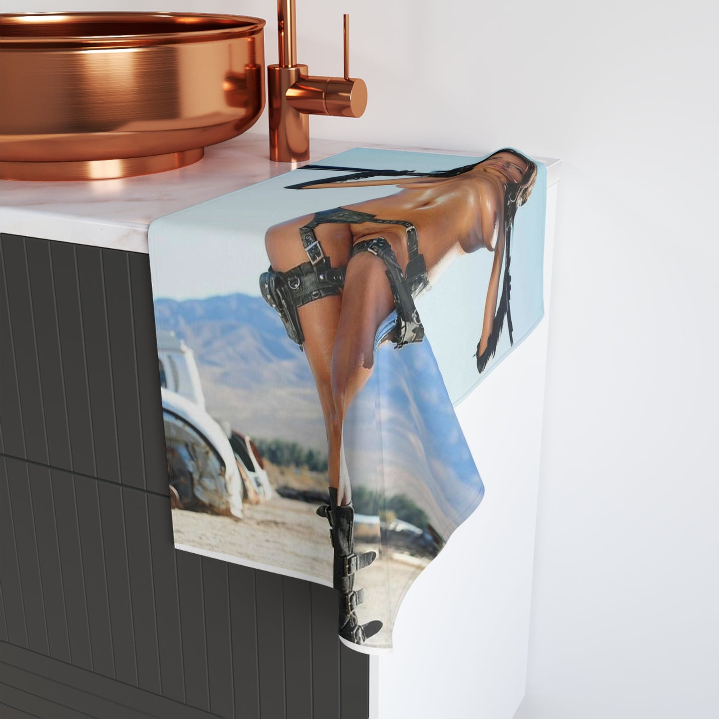 Hand Towel Nude Brunette with Gun