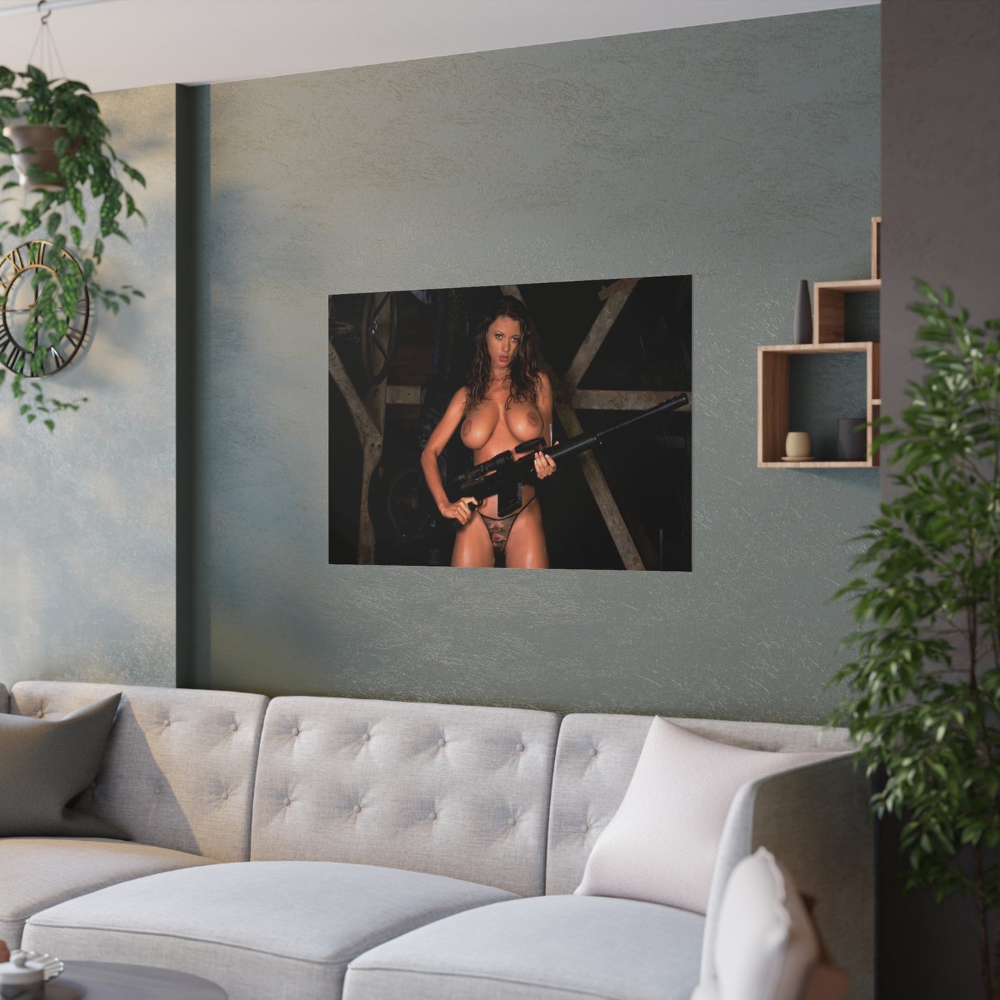 Satin Posters (210gsm) Busty Nude Girl with Gun