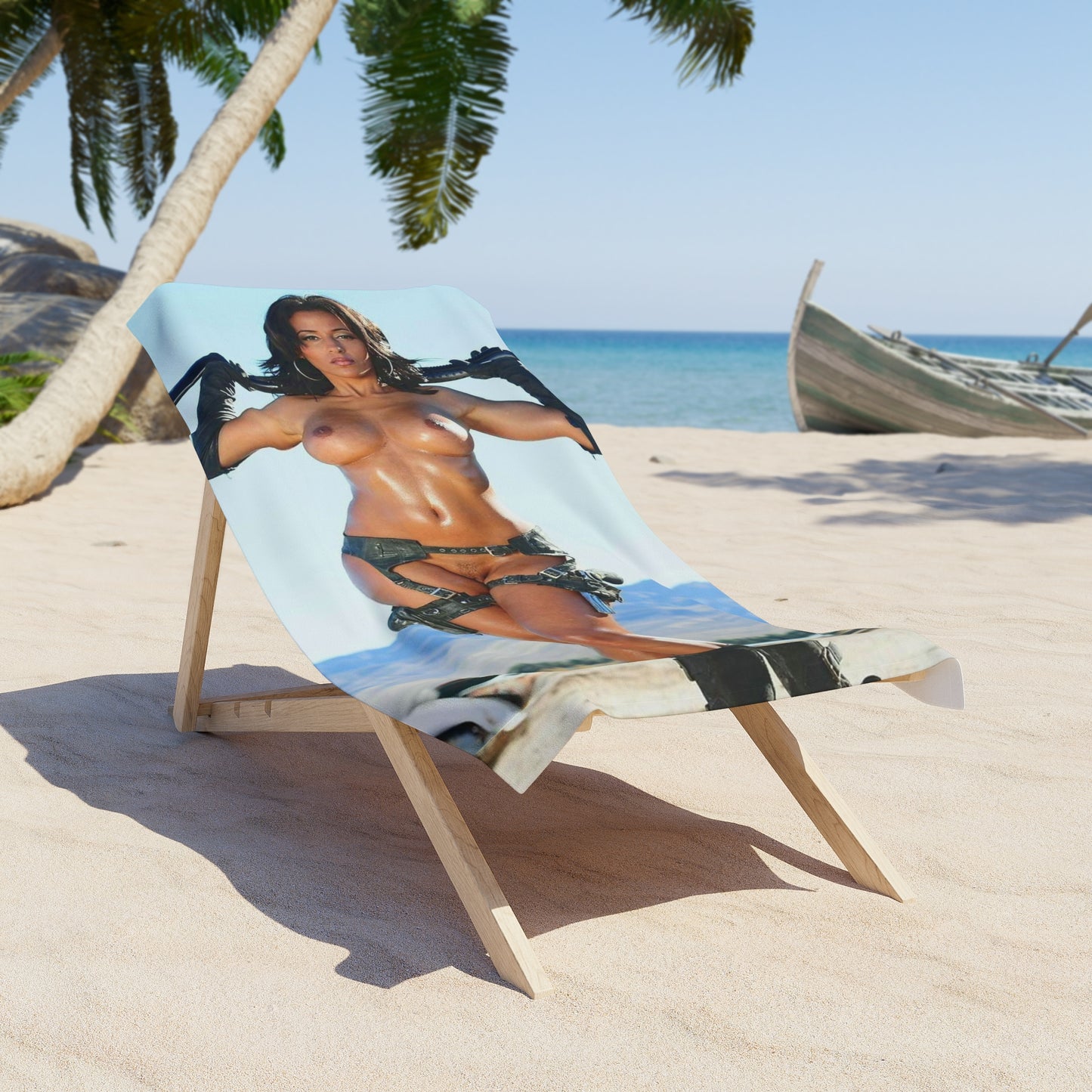 Beach Towel Nude Brunette with Gun