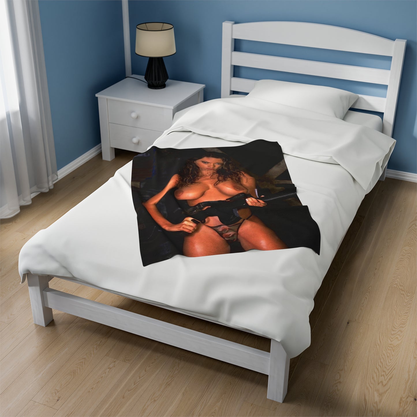 Velveteen Plush Blanket Busty Nude Girl with Gun