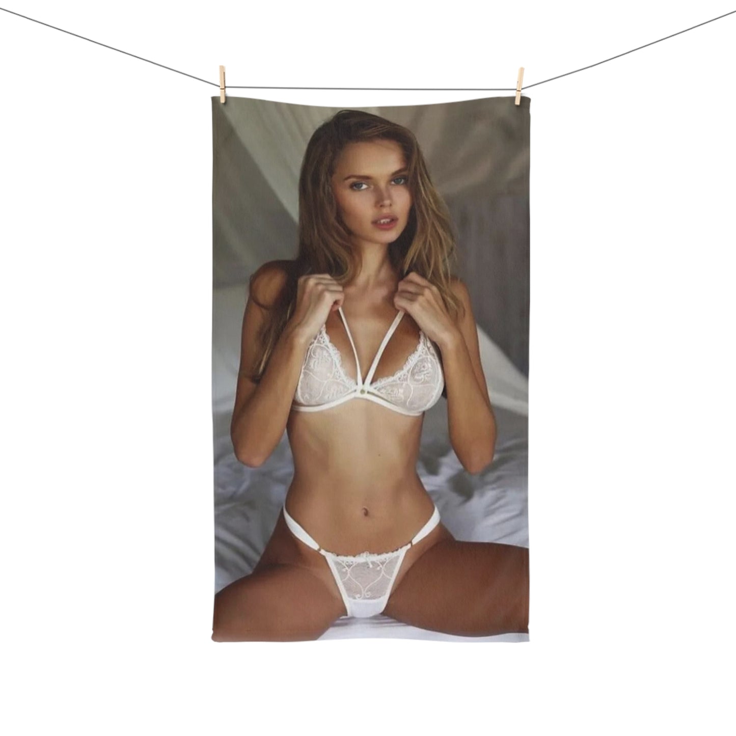 Hand Towel Sexy Lingerie Model in Bed