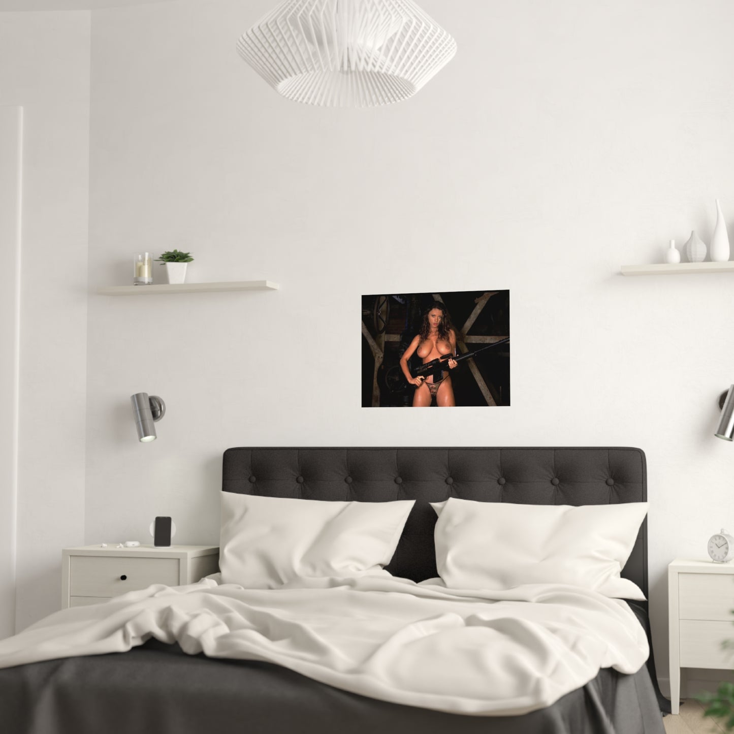Satin Posters (210gsm) Busty Nude Girl with Gun
