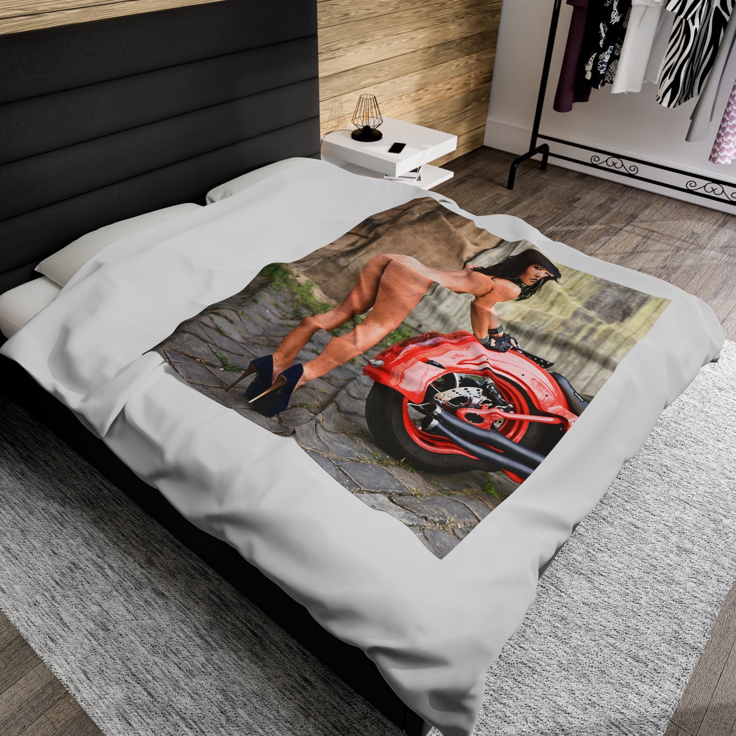 Velveteen Plush Blanket Tess Lyndon Nude on Motorcycle