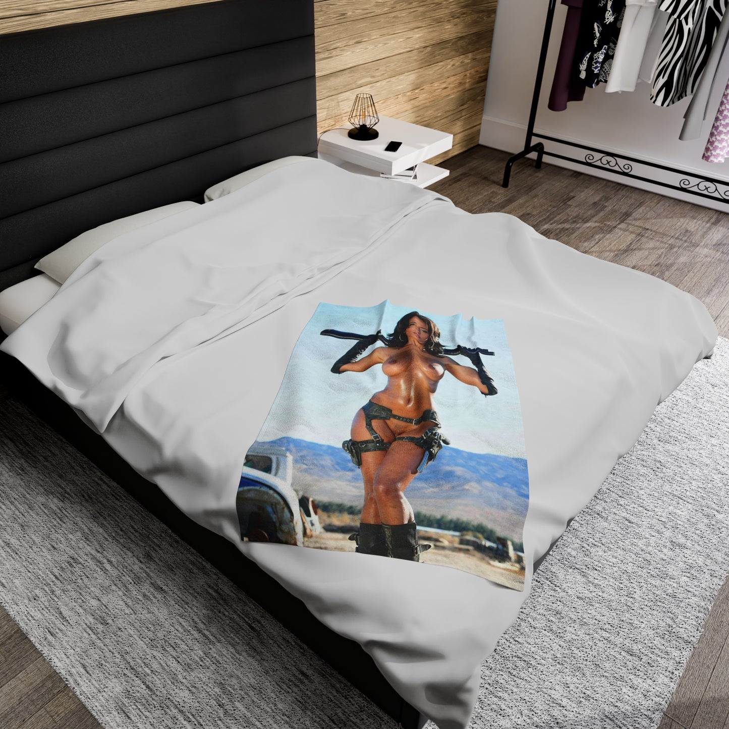 Velveteen Plush Blanket Nude Bruentte with Gun