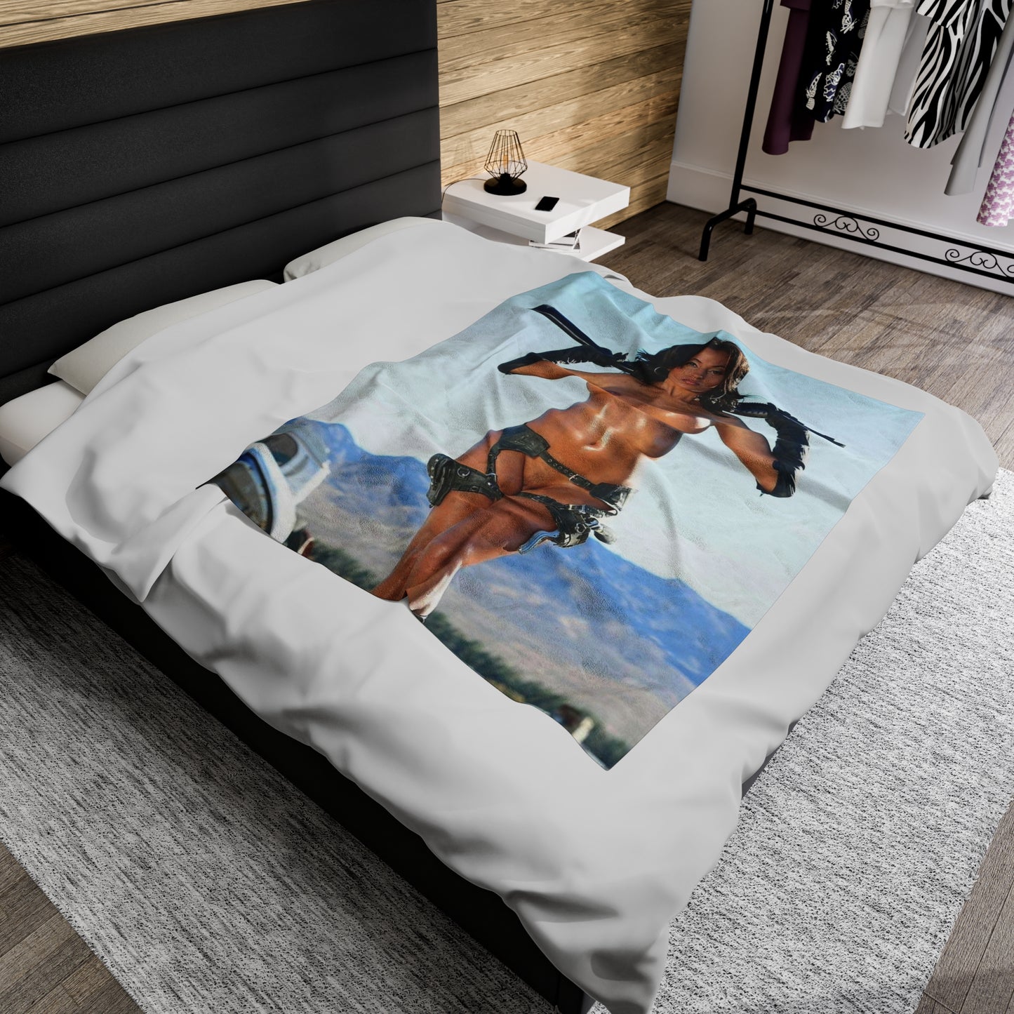 Velveteen Plush Blanket Nude Bruentte with Gun