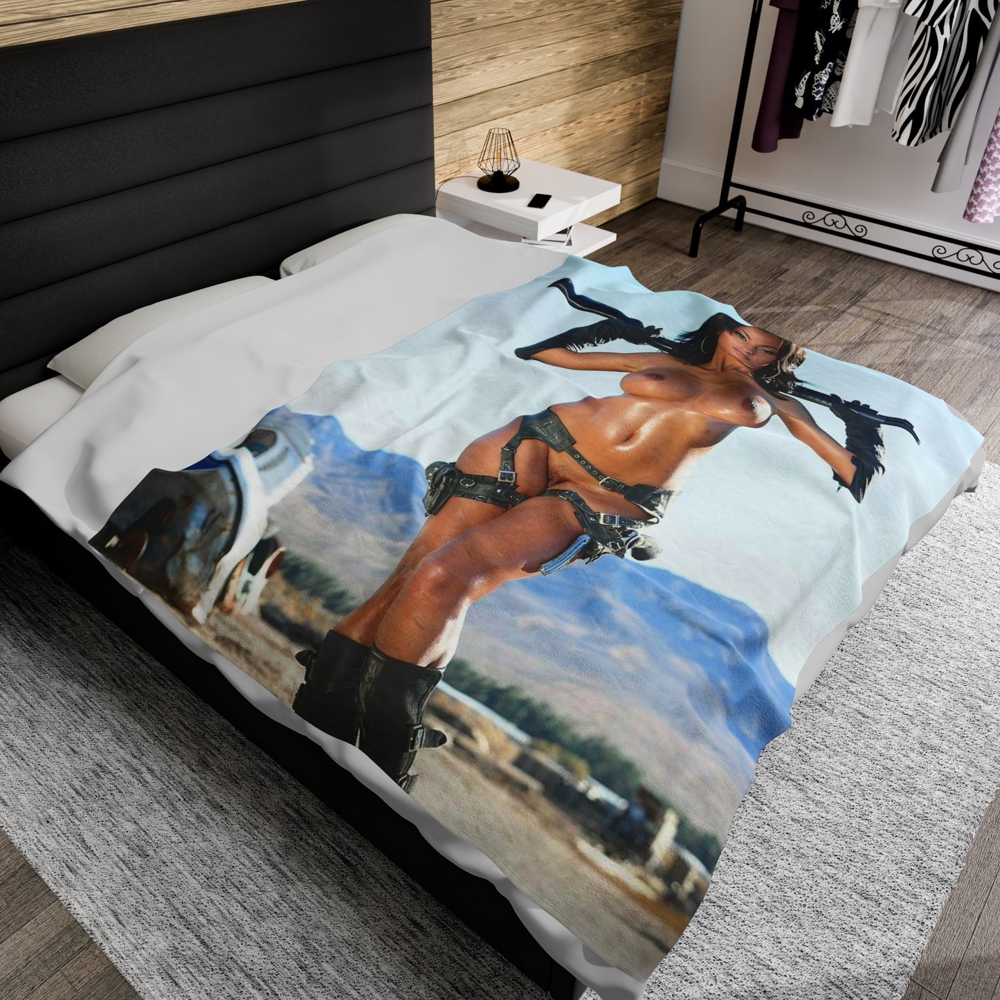 Velveteen Plush Blanket Nude Bruentte with Gun