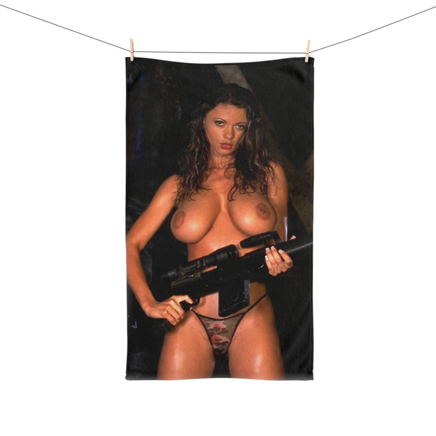 Hand Towel Busty Nude Girl with Gun