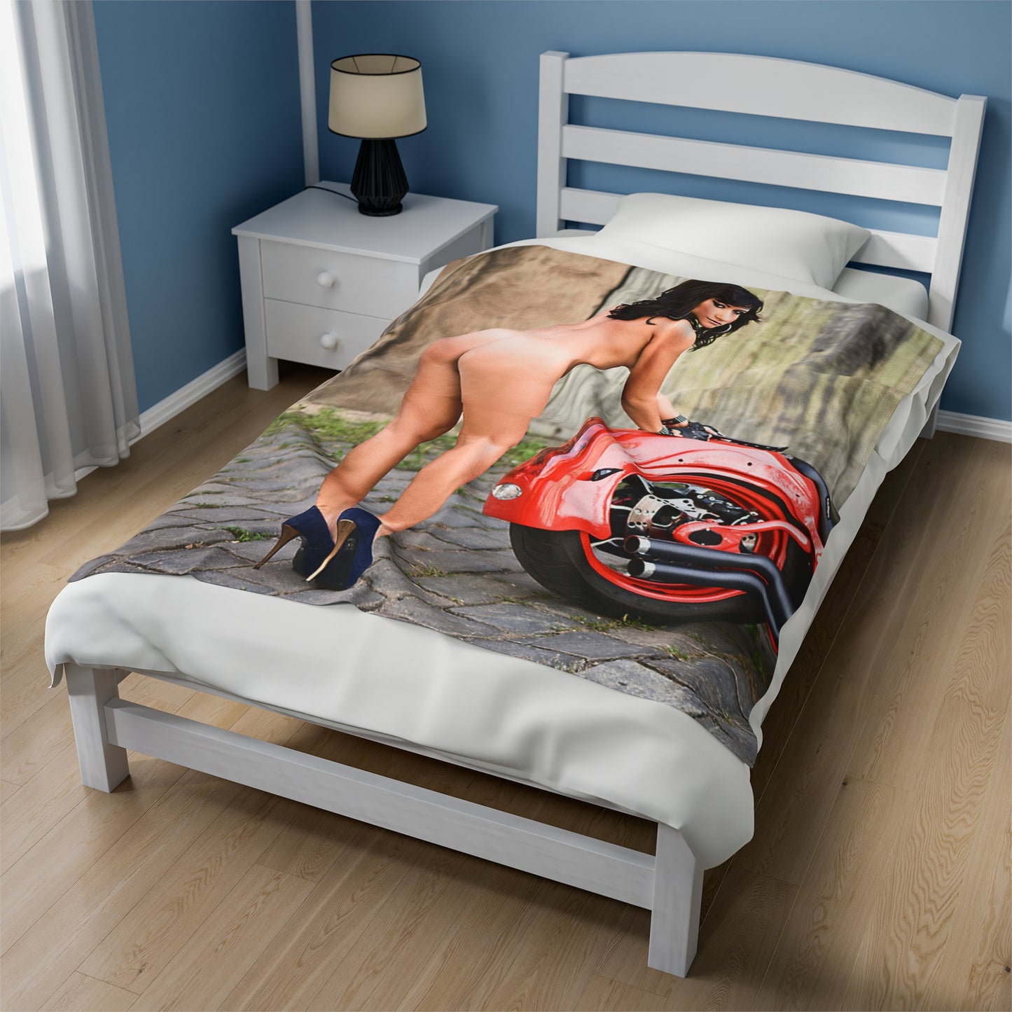 Velveteen Plush Blanket Tess Lyndon Nude on Motorcycle