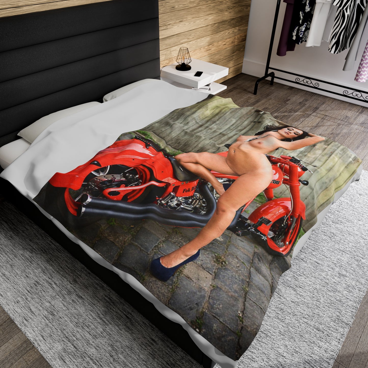 Velveteen Plush Blanket Tess Lyndon Nude on Motorcycle