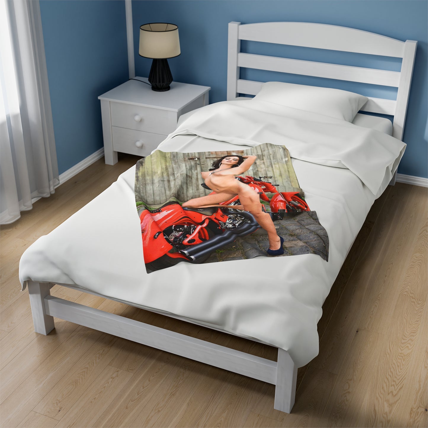 Velveteen Plush Blanket Tess Lyndon Nude on Motorcycle