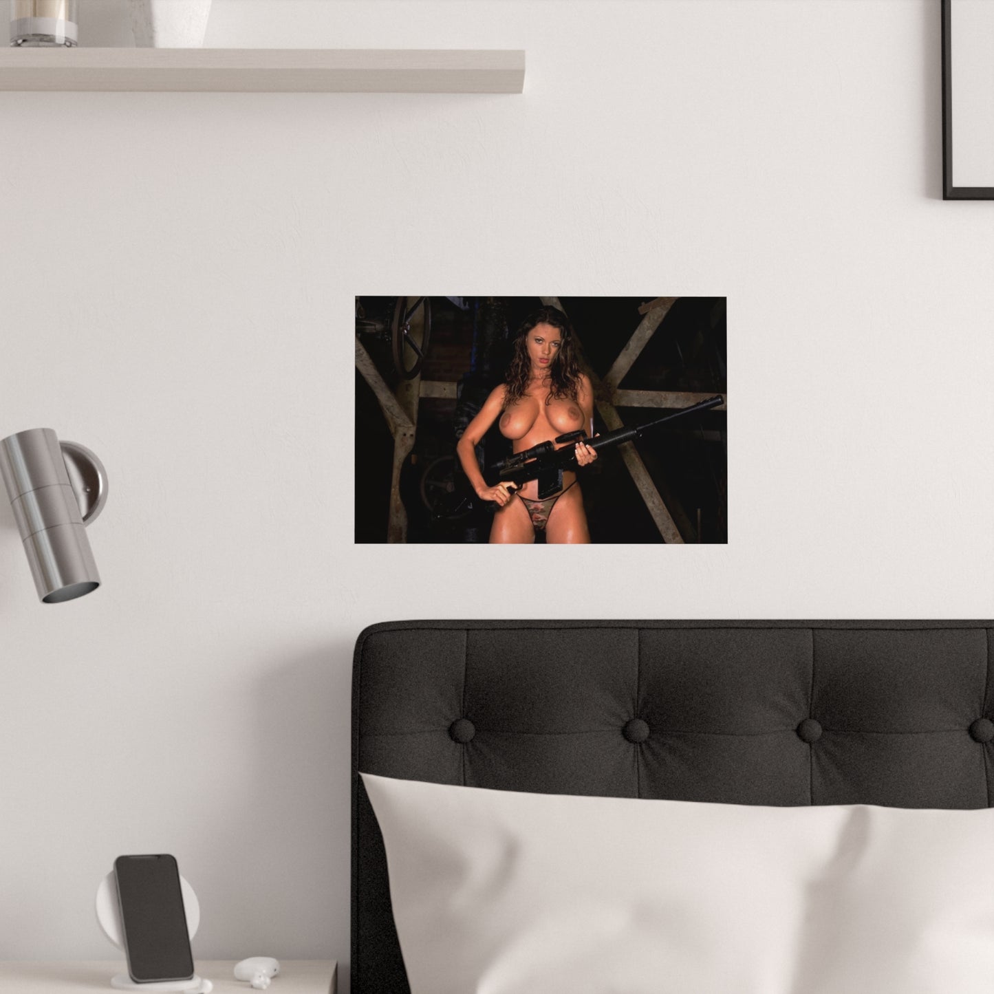 Satin Posters (210gsm) Busty Nude Girl with Gun