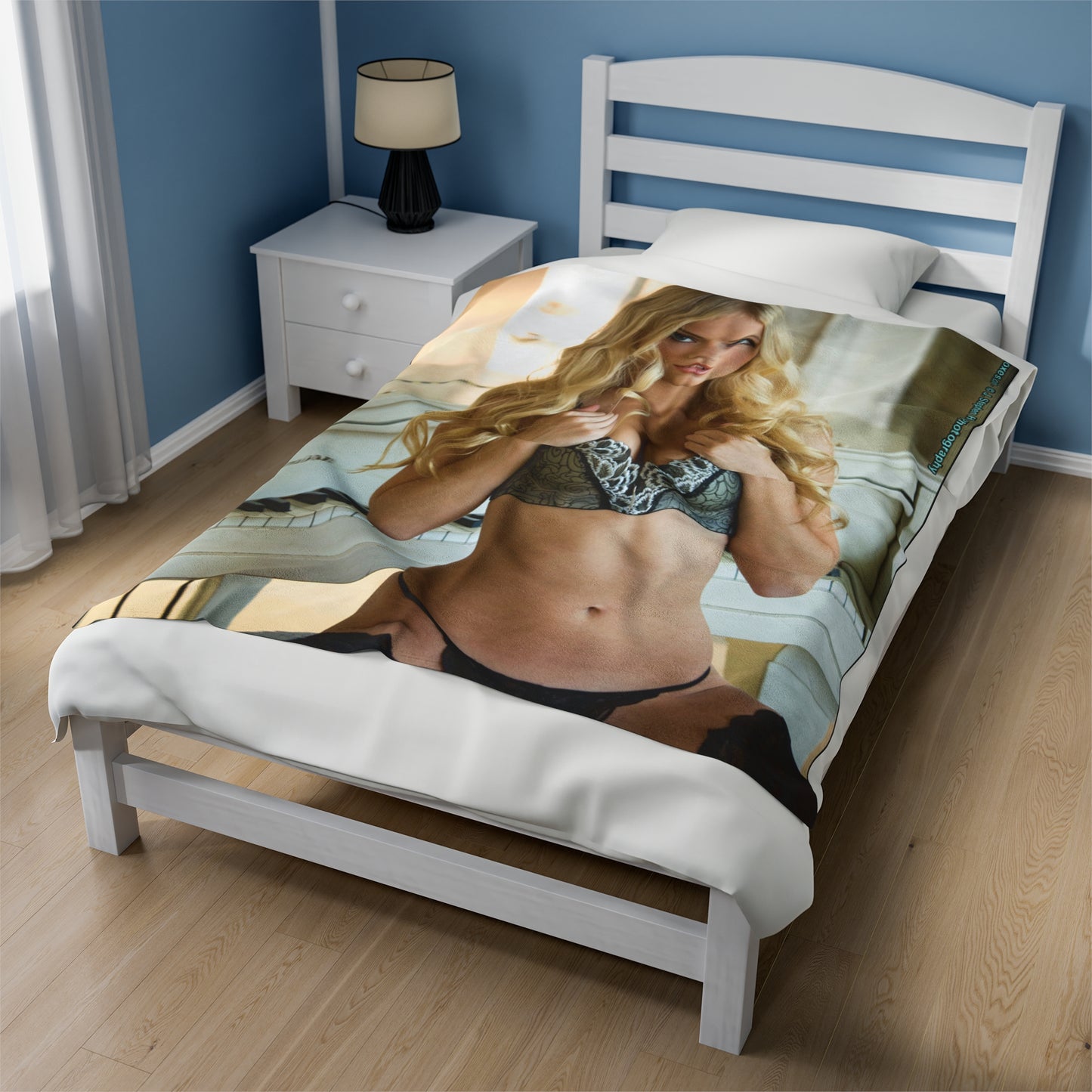 Velveteen Plush Blanket Sexy Lingerie Blonde in Bed