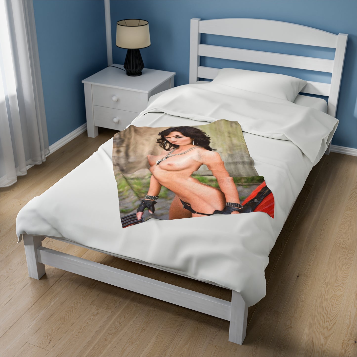 Velveteen Plush Blanket Tess Lyndon Nude on Motorcycle