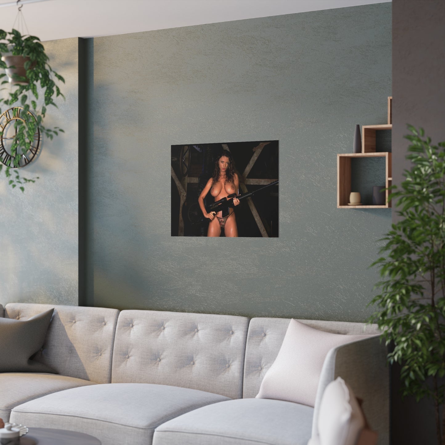 Satin Posters (210gsm) Busty Nude Girl with Gun