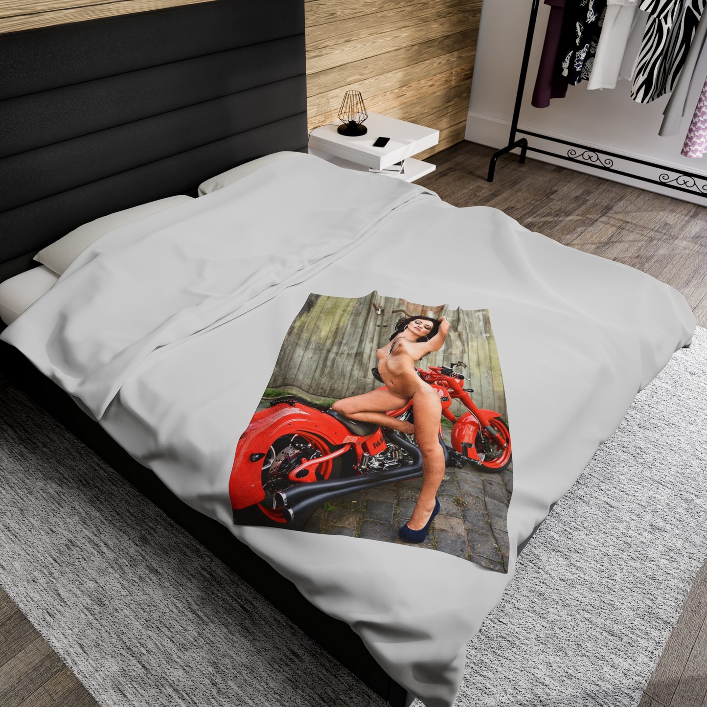 Velveteen Plush Blanket Tess Lyndon Nude on Motorcycle