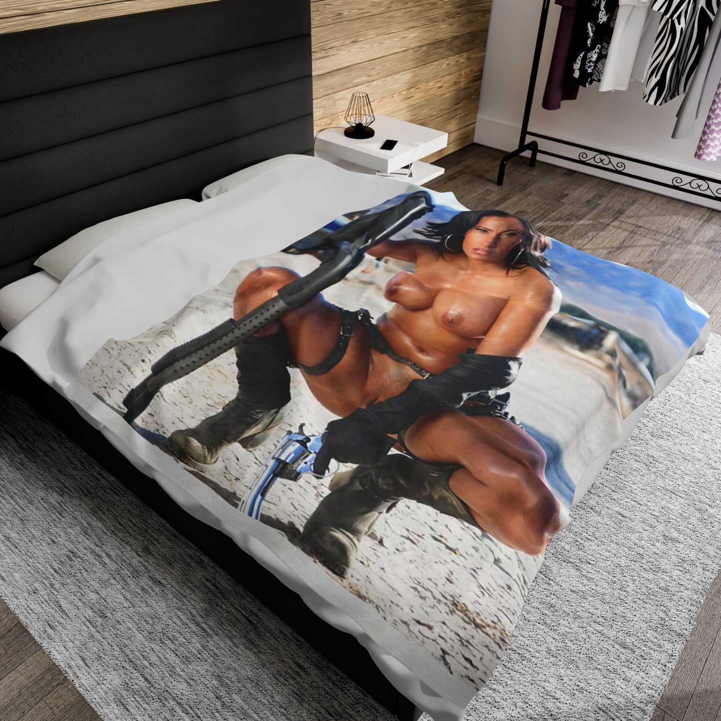 Velveteen Plush Blanket Sexy Nude Girl with Guns