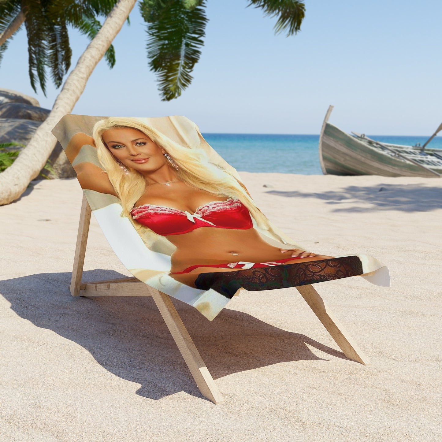 Beach Towel Busty Blonde Red Lingerie