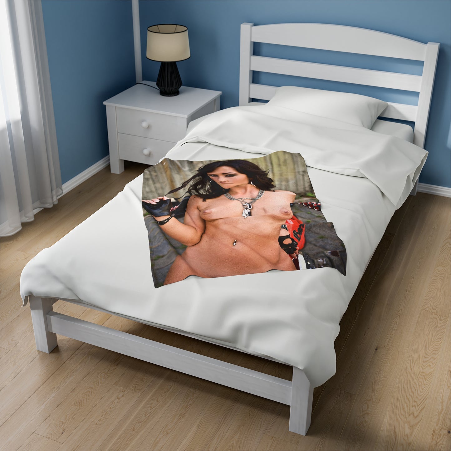 Velveteen Plush Blanket Tess Lyndon Nude on Motorcycle