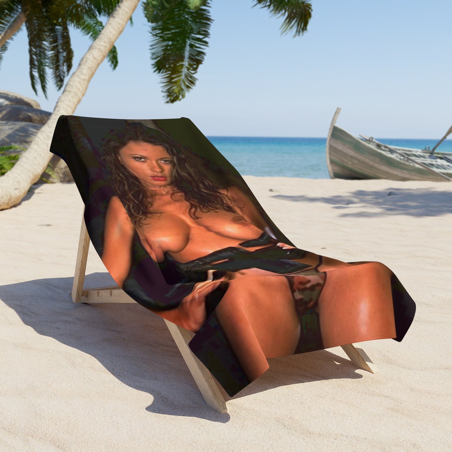 Beach Towel Busty Nude Girl with Gun