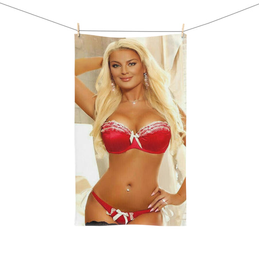 Hand Towel Busty Blonde Red Lingerie