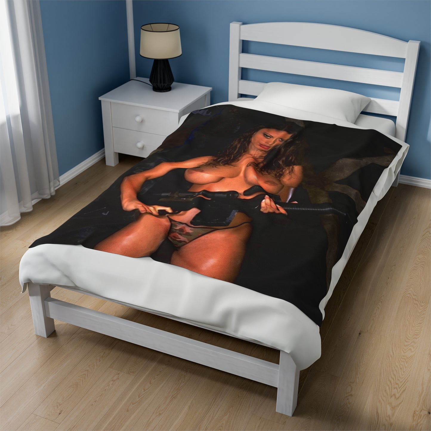 Velveteen Plush Blanket Busty Nude Girl with Gun